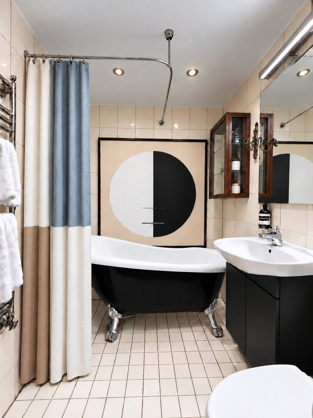Badrum i hotellstil i en korttidsuthyrd bostad som förvaltas av grundarna i Stockholm